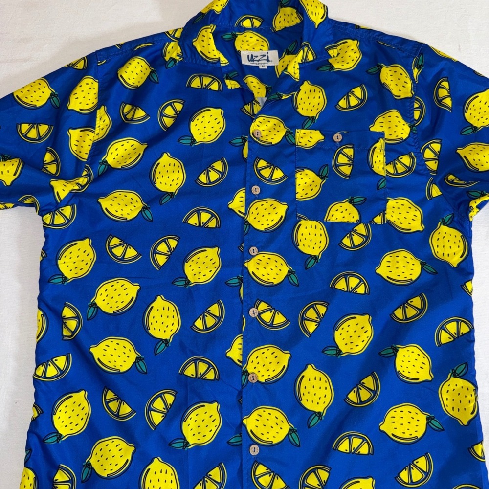 Uzzi Amphibious Gear Mens Lemon Print Button Down Shirt Blue Yellow Medium HP74 - Picture 7 of 10